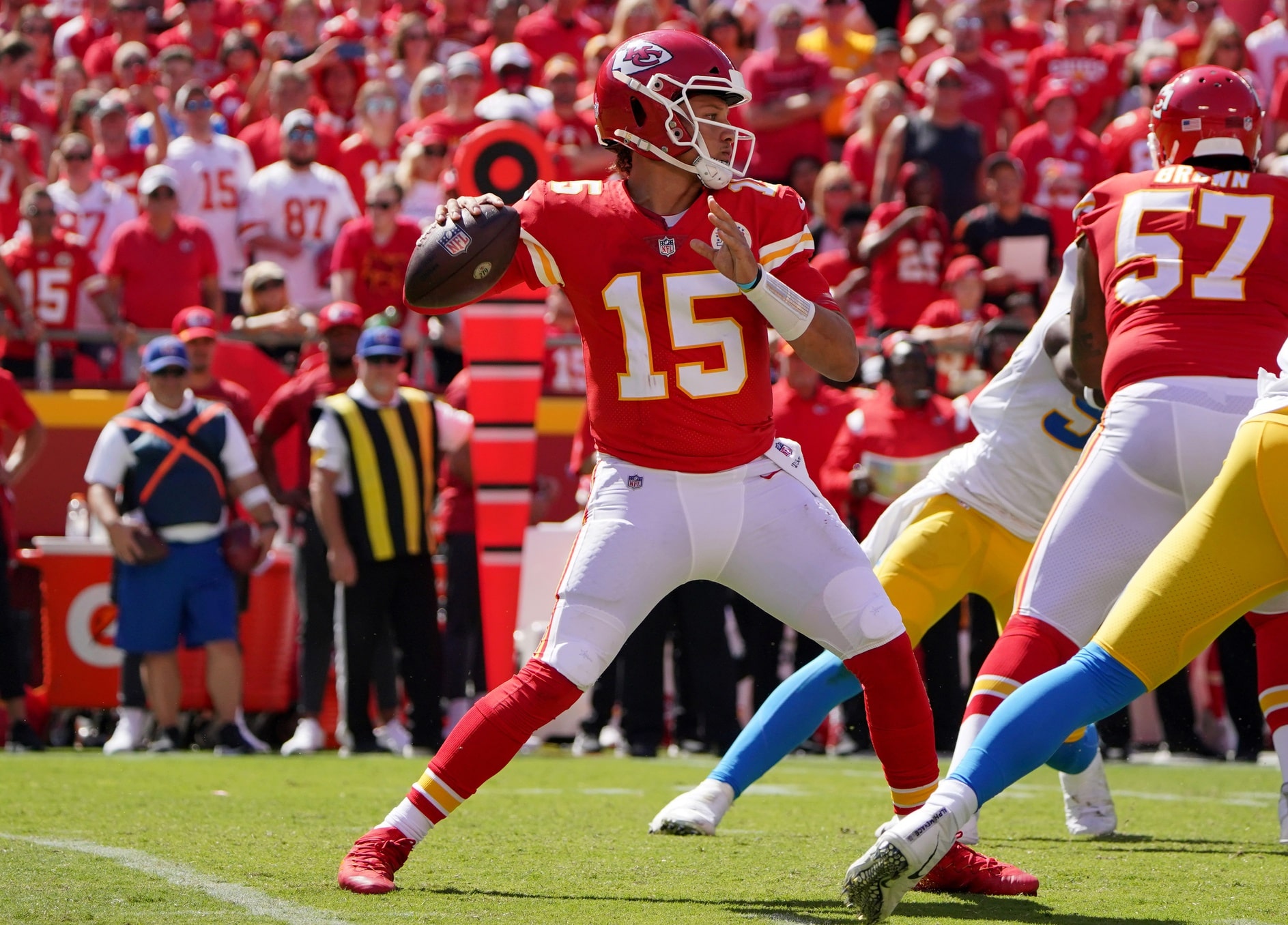 Kansas City Chiefs quarterback Patrick Mahomes (15) throws a pass against the Los Angeles Chargers during the second half at GEHA Field at Arrowhead Stadium.