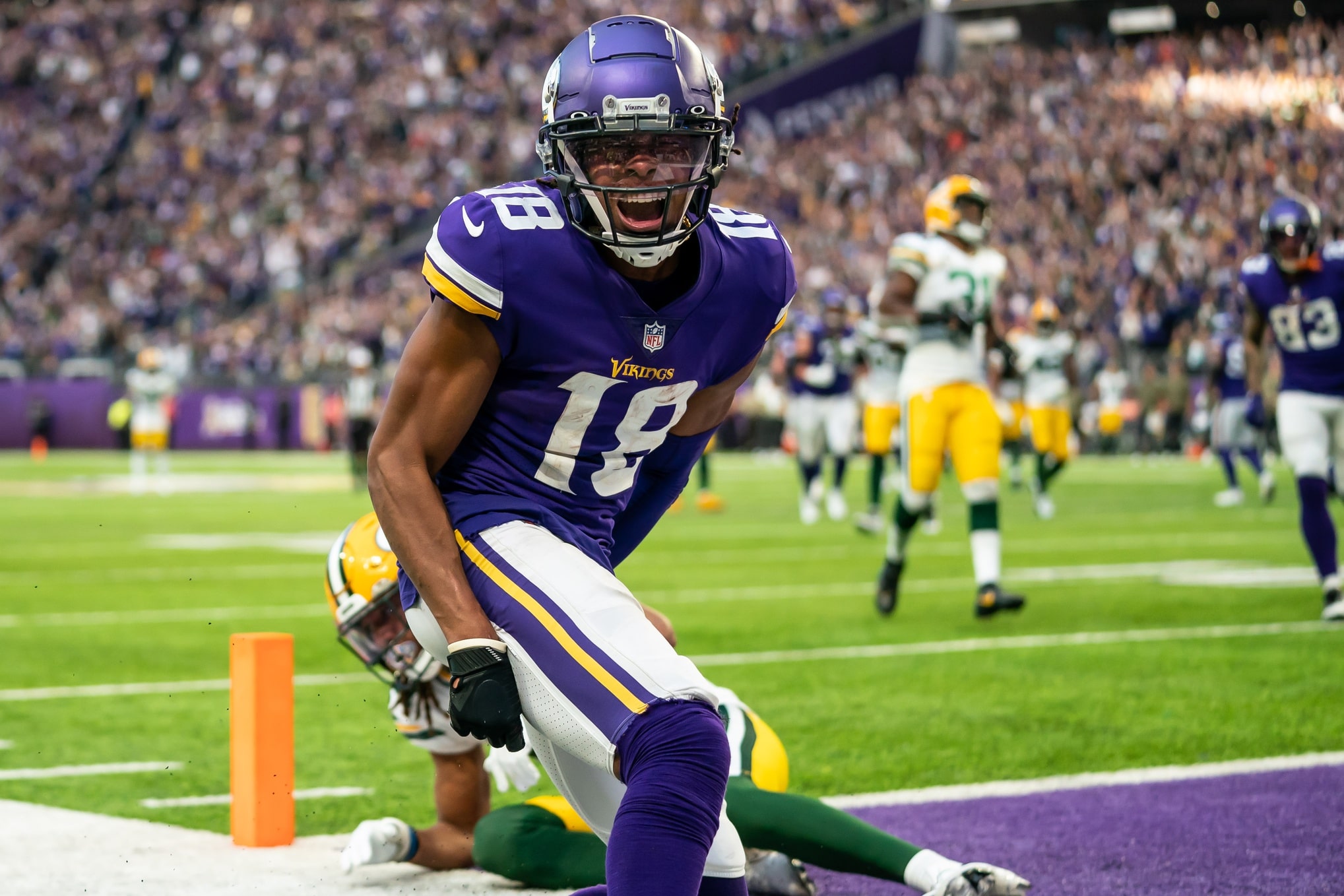 Minnesota Vikings wide receiver Justin Jefferson (18) celebrates a touchdown during the fourth quarter against the Green Bay Packers at U.S. Bank Stadium.