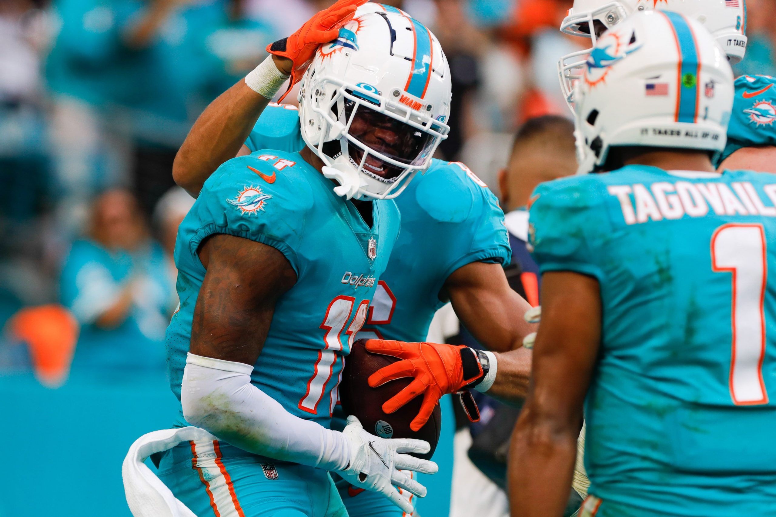 DeVante Parker and Tua Tagovailoa of the Miami Dolphins