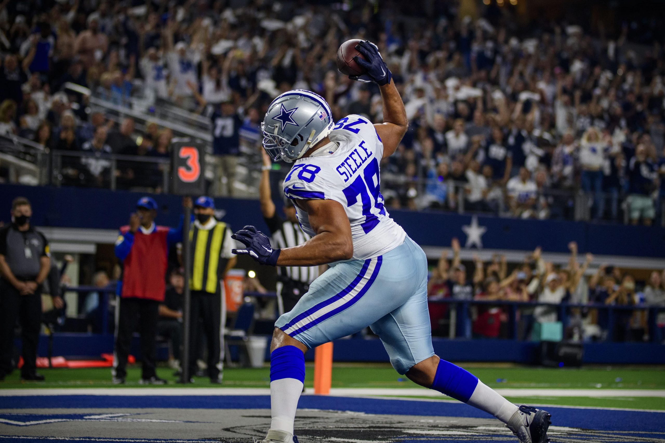 Dallas Cowboys offensive tackle Terence Steele (78) celebrates scoring a touchdown against the Washington Football Team during the second quarter at AT&T Stadium