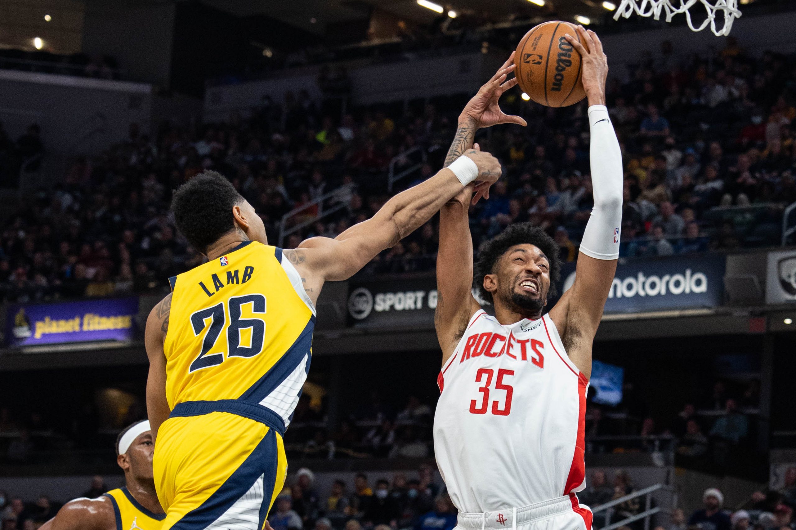 Houston Rockets center Christian Wood (35) is fouled by Indiana Pacers guard Jeremy Lamb (26) in the first half at Gainbridge Fieldhouse.