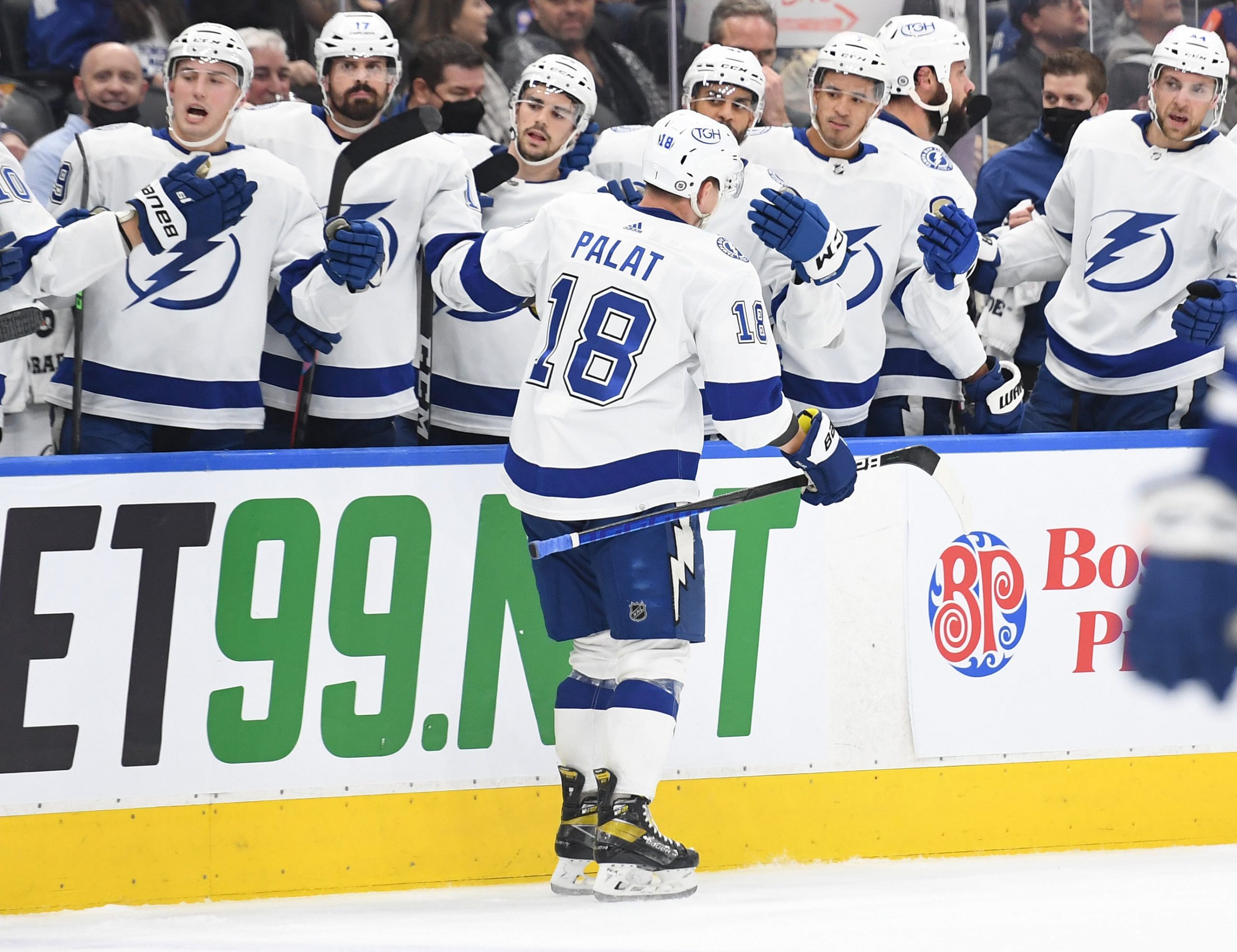 Tampa Bay Lightning forward Ondrej Palat (18) celebrates with teammates after scoring a goal against the Toronto Maple Leafs in the second period at Scotiabank Arena. Mandatory Credit: Dan Hamilton-USA TODAY Sports