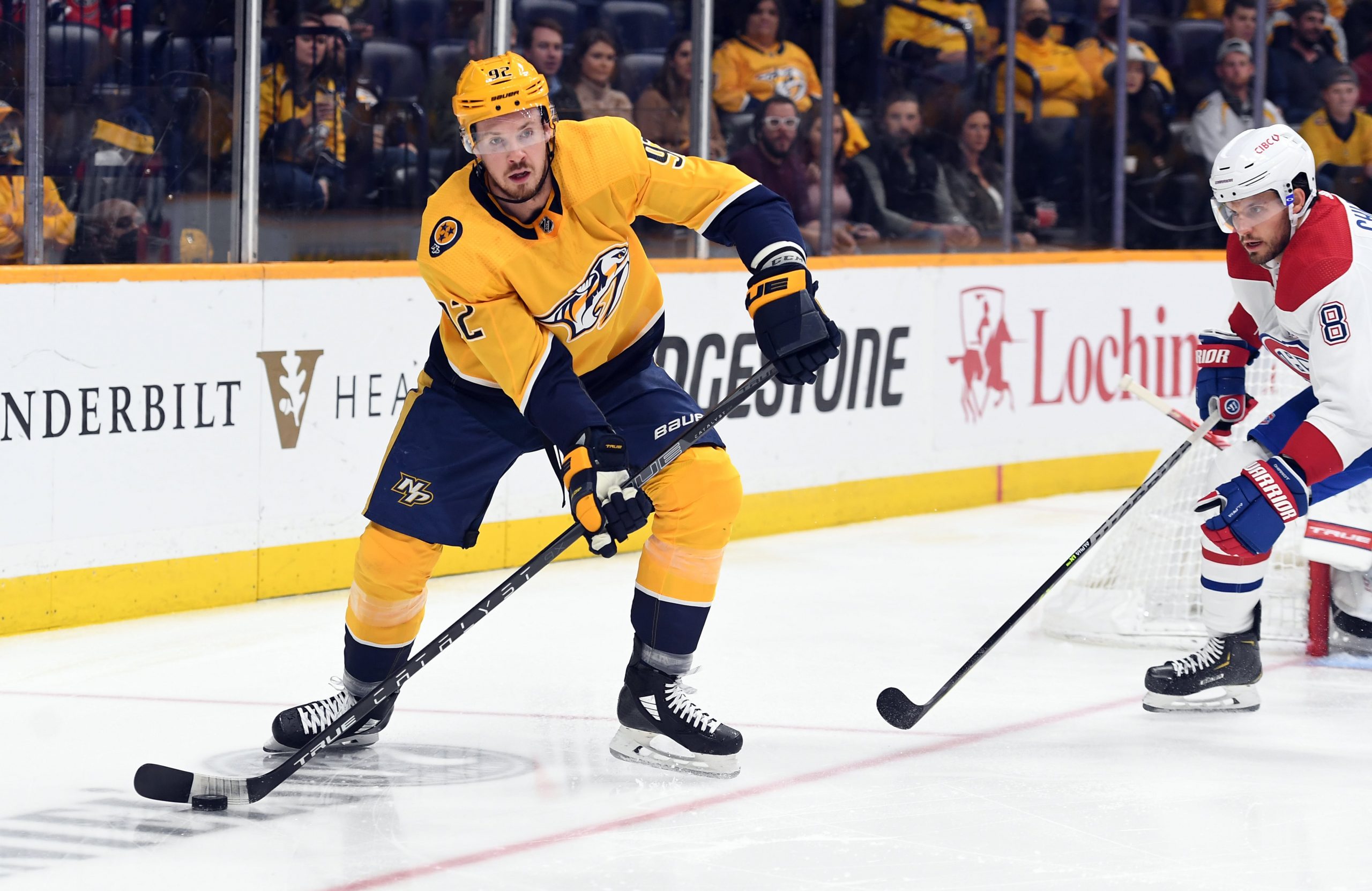 Nashville Predators center Ryan Johansen (92) looks to pass the puck during the first period against the Montreal Canadiens at Bridgestone Arena. Mandatory Credit: Christopher Hanewinckel-USA TODAY Sports