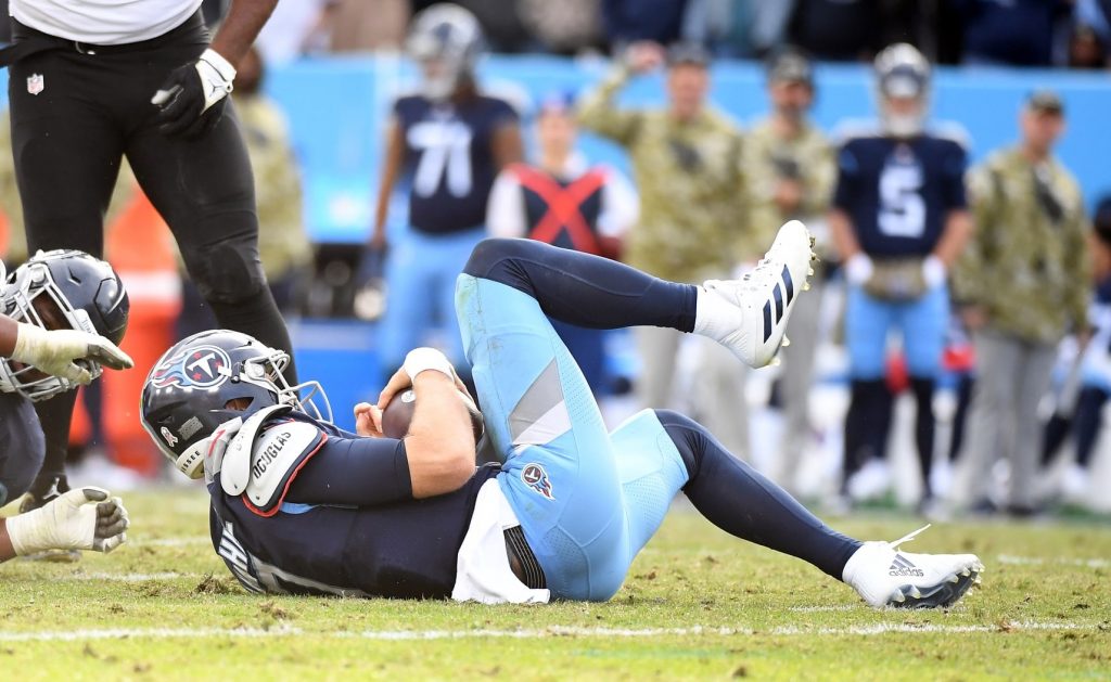 Tennessee Titans quarterback Ryan Tannehill (17) after being sacked during the second half against the New Orleans Saints at Nissan Stadium.