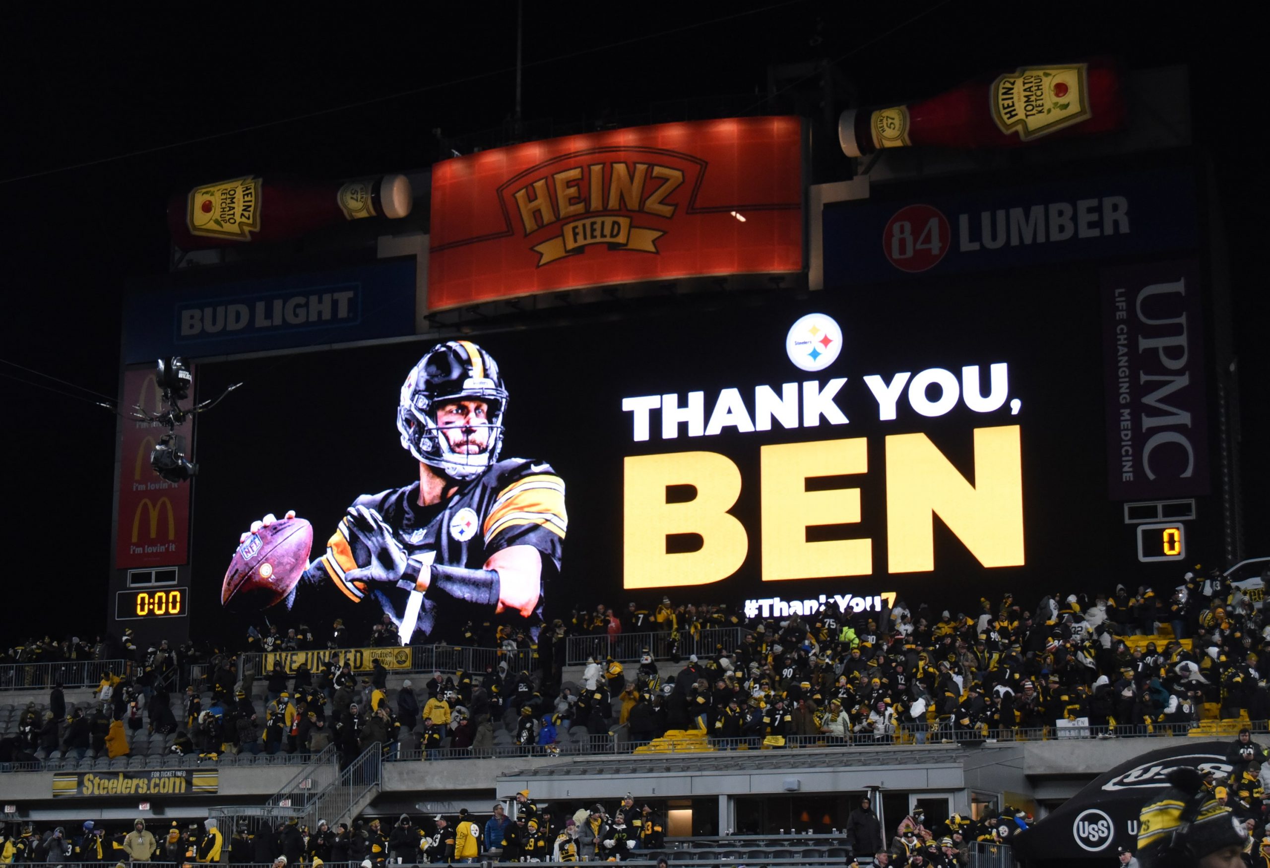 A video tribute to Pittsburgh Steelers quarterback Ben Roethlisberger (7) after playing against the Cleveland Browns at Heinz Field.