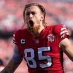 San Francisco 49ers tight end George Kittle (85) reacts before the start of the game against the Atlanta Falcons at Levi's Stadium.