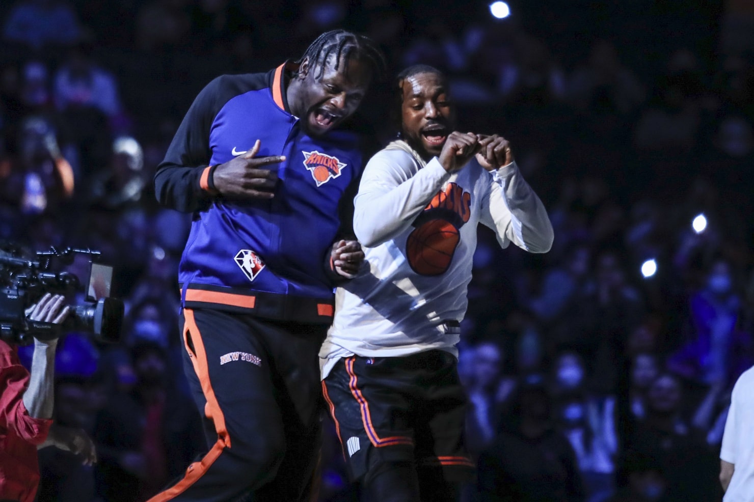 New York Knicks guard RJ Barrett (9) is greeted by forward Julius Randle (30) during the starting line up introductions prior to the game against the Atlanta Hawks at Madison Square Garden.