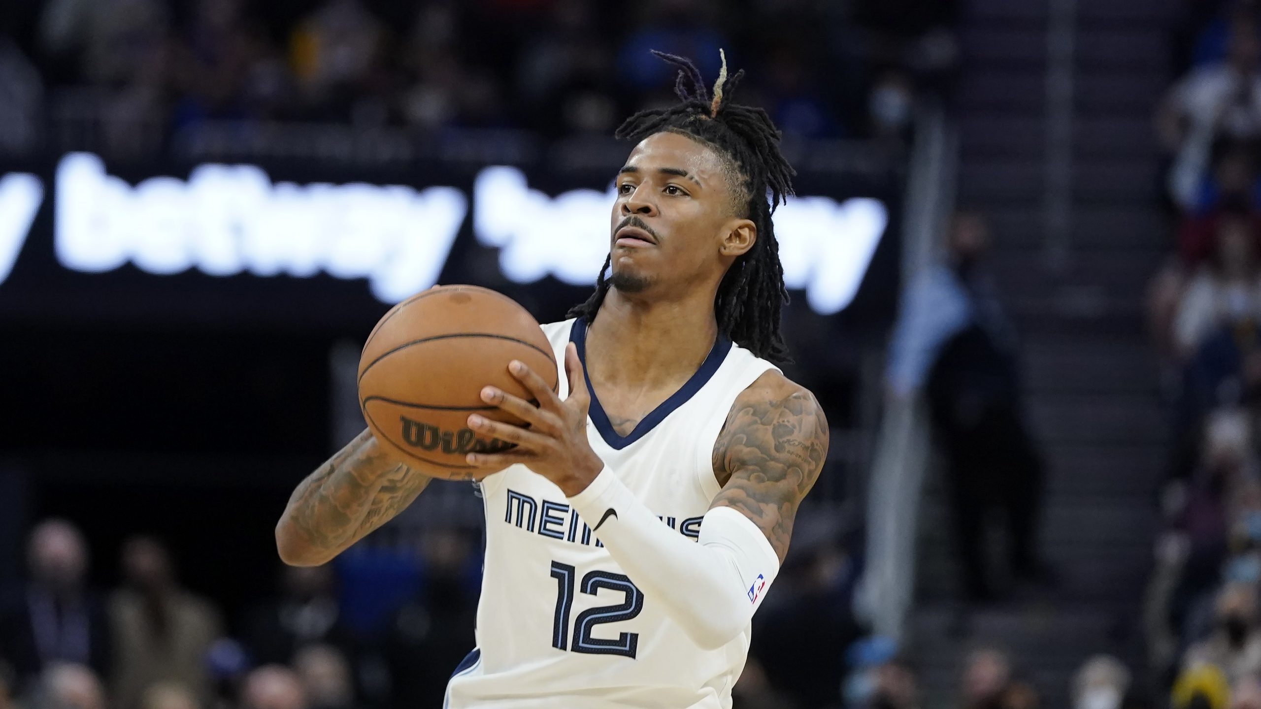 Memphis Grizzlies guard Ja Morant against the Golden State Warriors during an NBA basketball game in San Francisco, Thursday, Dec. 23, 2021