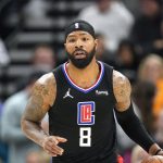 Los Angeles Clippers forward Marcus Morris Sr. (8) brings the ball up court in the second half during an NBA basketball game against the Utah Jazz Wednesday, Dec. 15, 2021
