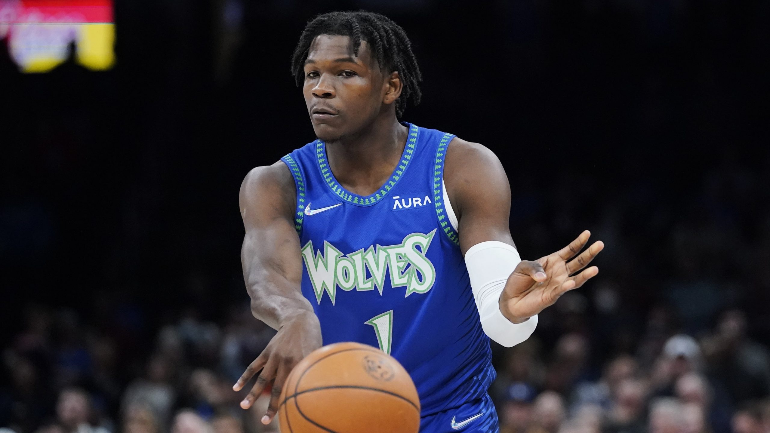Minnesota Timberwolves forward Anthony Edwards (1) during an NBA basketball game against the Oklahoma City Thunder, Friday, Jan. 7, 2022, in Oklahoma City.