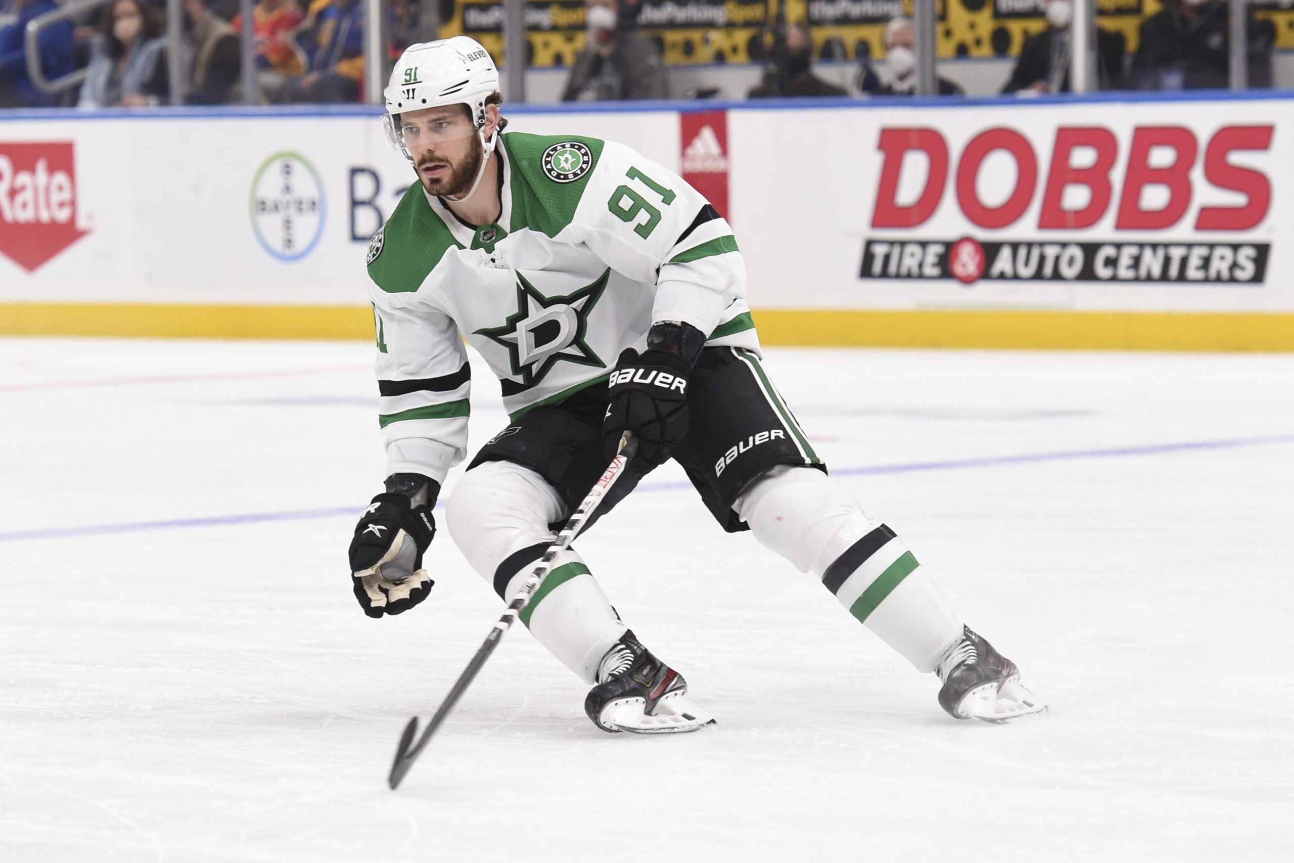 Dallas Stars center Tyler Seguin (91) skates against the St. Louis Blues during the third period of an NHL hockey game Sunday, Jan. 9, 2022, in St. Louis