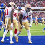 San Francisco 49ers wide receiver Deebo Samuel (19) reacts on his touchdown during an NFL football game against the Los Angeles Rams Sunday, Jan. 9, 2022, in Inglewood, Calif.