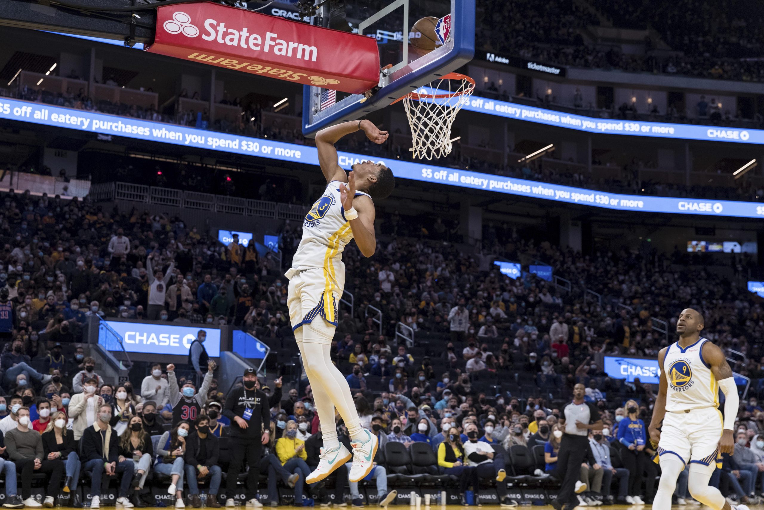 Golden State Warriors guard Jordan Poole (3) watches the ball go into the basket during the second half of an NBA basketball game against the Cleveland Cavaliers in San Francisco, Sunday, Jan. 9, 2022