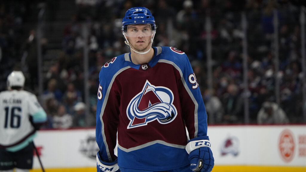 Colorado Avalanche left wing Andre Burakovsky (95) in the second period of an NHL hockey game Monday, Jan. 10, 2022, in Denver.