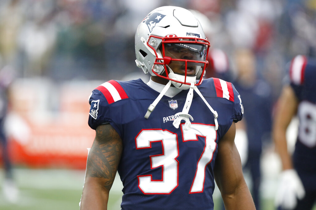 New England Patriots Damien Harris prior to an NFL football game against the Jacksonville Jaguars, Sunday, Jan. 2, 2022, in Foxborough, Mass.