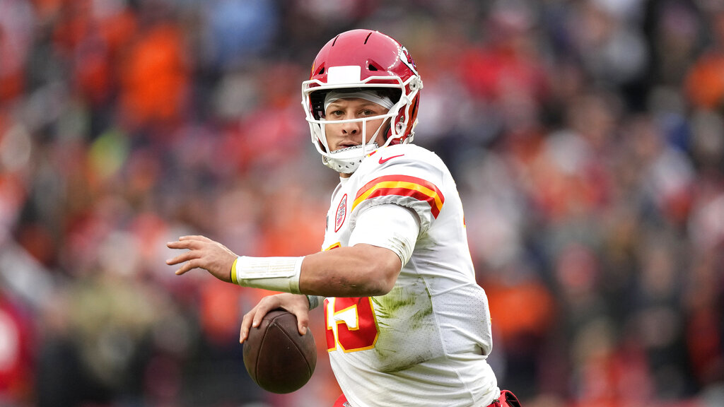 Kansas City Chiefs quarterback Patrick Mahomes against the Denver Broncos during an NFL football game Saturday, Jan. 8, 2022, in Denver.