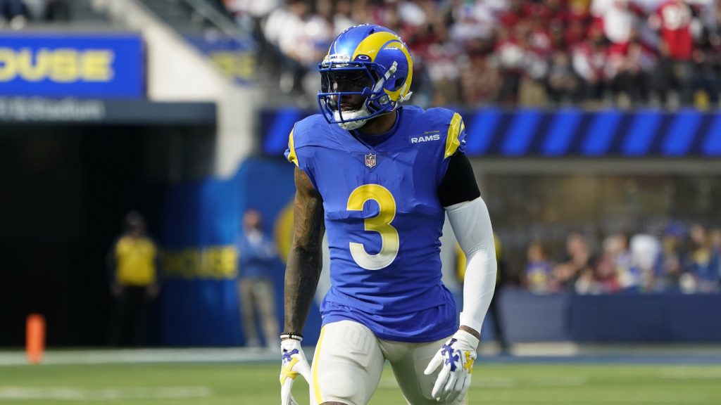 Los Angeles Rams wide receiver Odell Beckham Jr. (3) sets up for a play during an NFL football game against the San Francisco 49ers Sunday, Jan. 9, 2022, in Inglewood, Calif.