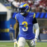 Los Angeles Rams wide receiver Odell Beckham Jr. (3) sets up for a play during an NFL football game against the San Francisco 49ers Sunday, Jan. 9, 2022, in Inglewood, Calif.