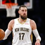 New Orleans Pelicans center Jonas Valanciunas (17) dribbles the ball against the Brooklyn Nets during the second half of an NBA basketball game, Saturday, Jan. 15, 2022 in New York. The Brooklyn Nets won 120-105.