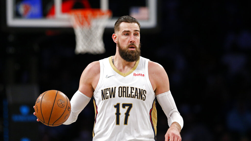 New Orleans Pelicans center Jonas Valanciunas (17) dribbles the ball against the Brooklyn Nets during the second half of an NBA basketball game, Saturday, Jan. 15, 2022 in New York. The Brooklyn Nets won 120-105.