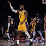 Los Angeles Lakers forward LeBron James (6) reacts at the end of the third quarter of an NBA basketball game against the Indiana Pacers in Los Angeles, Wednesday, Jan. 19, 2022