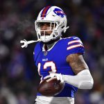 Buffalo Bills wide receiver Gabriel Davis scores a touchdown during the second half of an NFL wild-card playoff football game against the New England Patriots, Saturday, Jan. 15, 2022, in Orchard Park, N.Y.