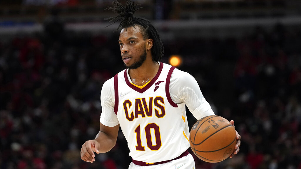 Cleveland Cavaliers' Darius Garland advances the ball during the first half of an NBA basketball game against the Chicago Bulls Wednesday, Jan. 19, 2022, in Chicago.