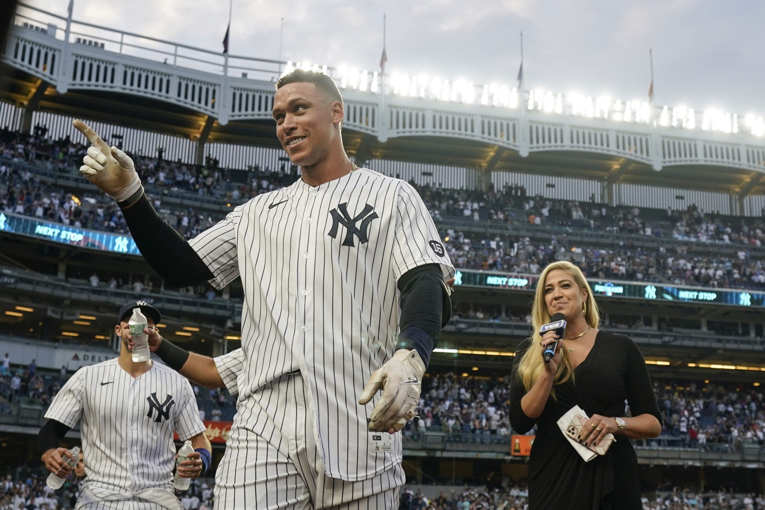 New York Yankees' Aaron Judge gestures to fans after a baseball game against the Tampa Bay Rays Sunday, Oct. 3, 2021, in New York. The Yankees won 1-0.
