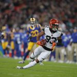 Cincinnati Bengals wide receiver Tyler Boyd (83) slips on the field while running against the Los Angeles Rams during the second half of an NFL football game, Sunday, Oct. 27, 2019, at Wembley Stadium in London