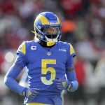 Los Angeles Rams cornerback Jalen Ramsey (5) lines up during a NFL divisional playoff football game between the Los Angeles Rams and Tampa Bay Buccaneers, Sunday, January 23, 2022 in Tampa, Fla