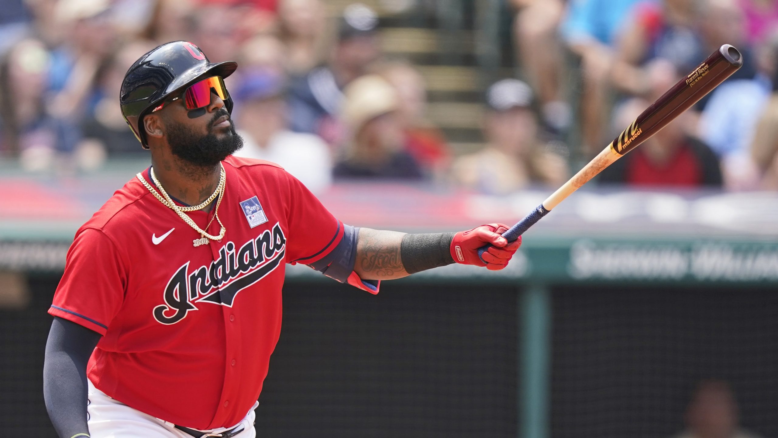 Cleveland Indians' Franmil Reyes watches his solo home run in the third inning of a baseball game against the St. Louis Cardinals, Wednesday, July 28, 2021, in Cleveland.