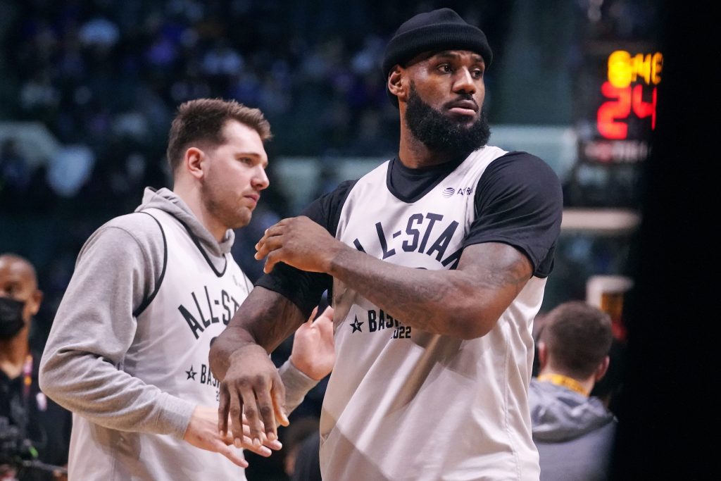 Los Angeles Lakers forward LeBron James, right, and Dallas Mavericks forward Luka Doncic workout during a practice session for the NBA All-Star basketball game in Cleveland, Saturday, Feb. 19, 2022