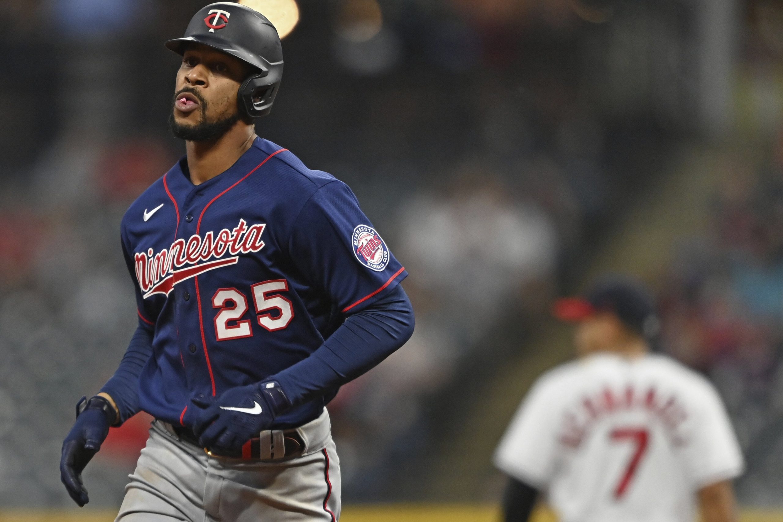 Minnesota Twins' Byron Buxton (25) runs the bases after hitting a solo home run off Cleveland Indians starting pitcher Aaron Civale (43) in the eighth inning of a baseball game, Tuesday, April 27, 2021, in Cleveland.