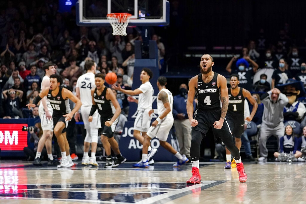 Providence Friars guard Jared Bynum (4) reacts after scoring a game winning three-point shot with 1.8 seconds left on the game clock during the second half of an NCAA college basketball game against Xavier, Wednesday, Jan. 26, 2022, in Cincinnati.