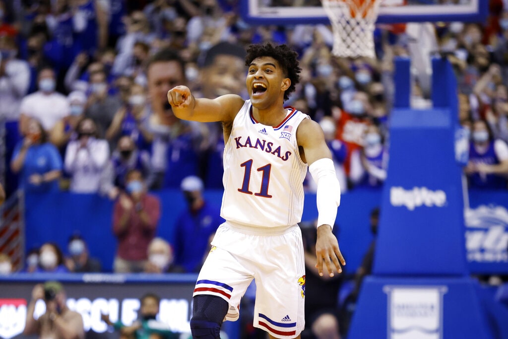 Kansas guard Remy Martin reacts during an NCAA college basketball game against Texas Tech on Monday, Jan. 24, 2022 in Lawrence, Kan.