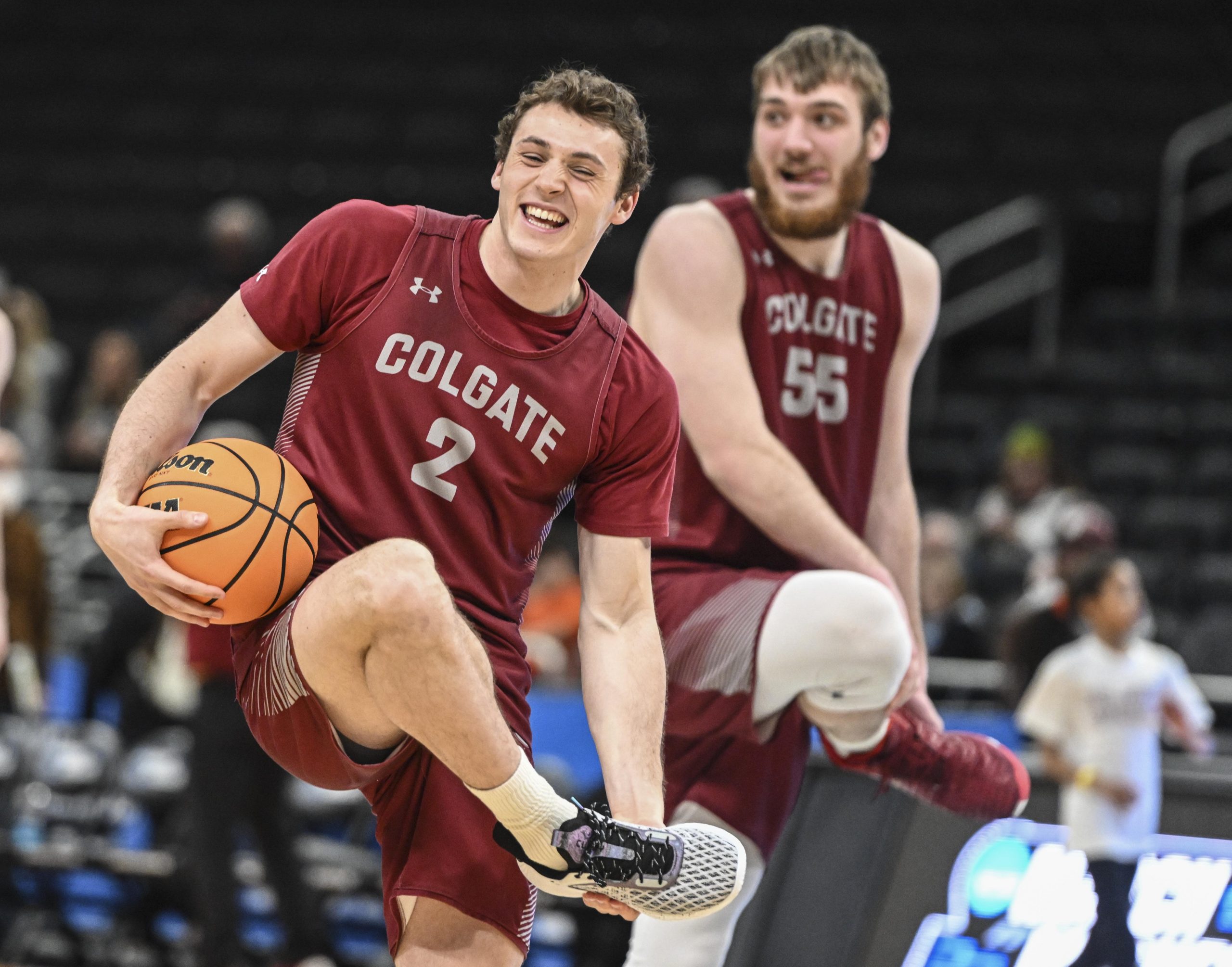 Colgate Raiders guard Zach Light (2) warms up during practice before the first round of the 2022 NCAA Tournament at Fiserv Forum. Mandatory Credit: Benny Sieu-USA TODAY Sports