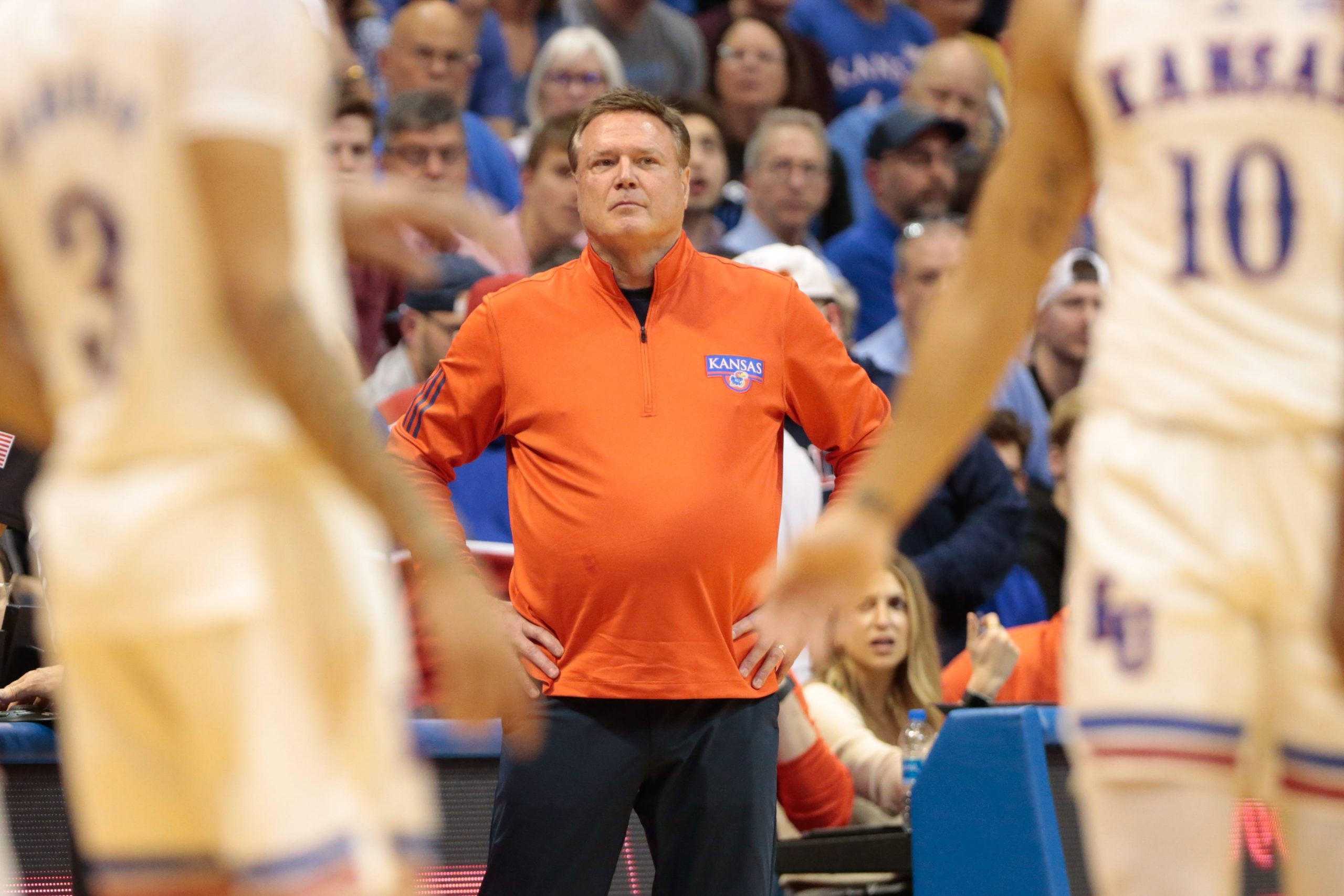 Kansas coach Bill Self looks towards his players during the first half of Saturday's game against Texas inside Allen Fieldhouse