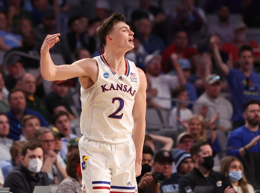 Kansas Jayhawks guard Christian Braun (2) reacts after a basket against the Creighton Bluejays during the second round of the 2022 NCAA Tournament at Dickies Arena.