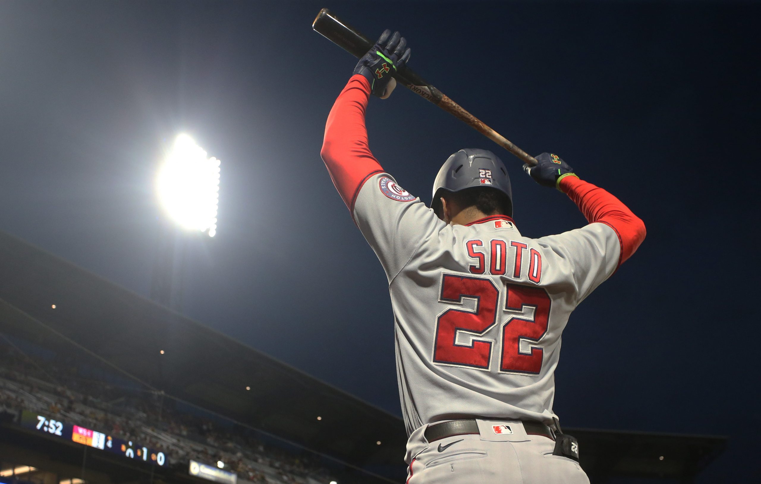 Nationals right fielder Juan Soto (22) prepares to bat in the on-deck circle against the Pittsburgh Pirates during the fourth inning at PNC Park.