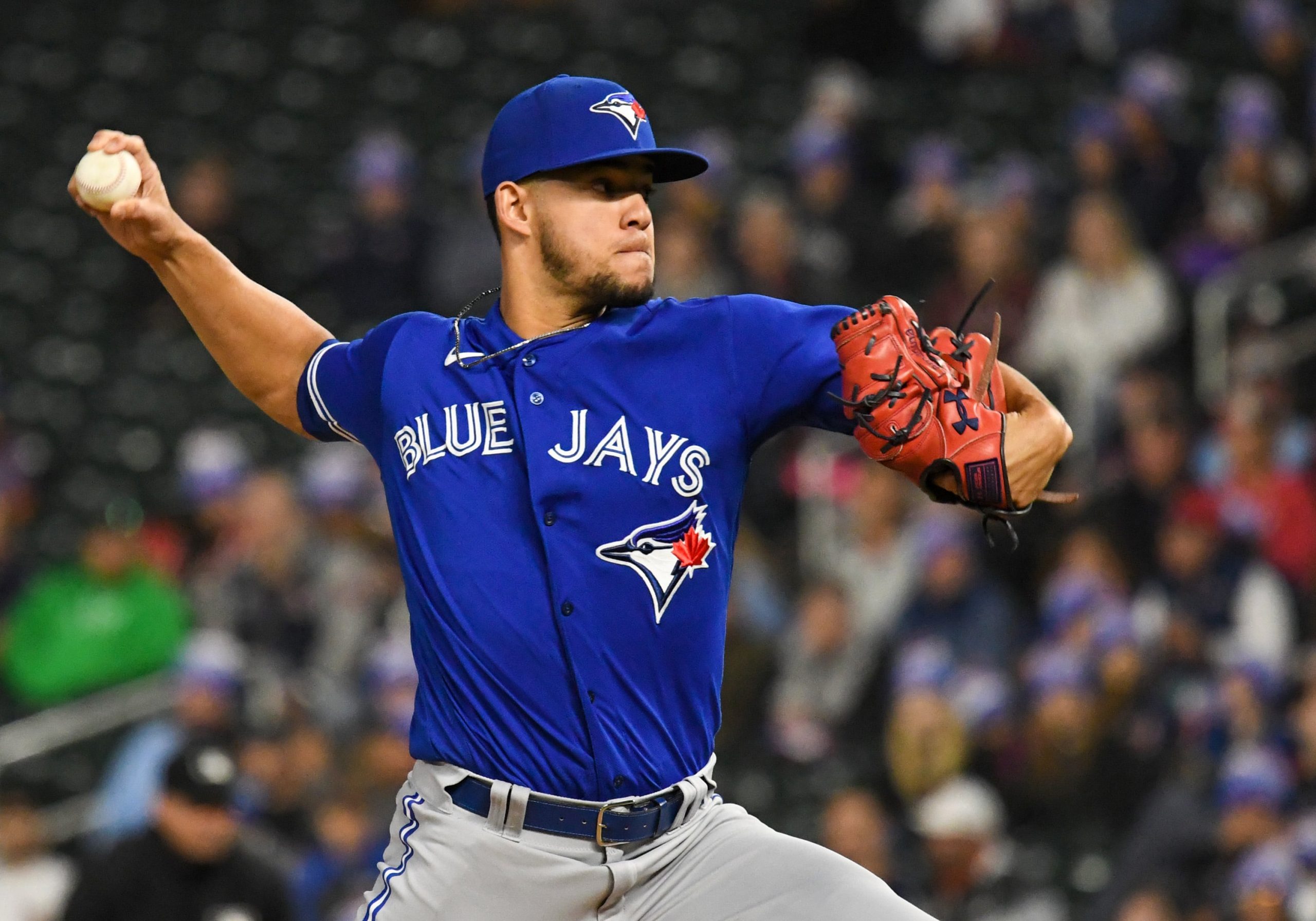 Toronto Blue Jays starting pitcher Jose Berrios (17) delivers a pitch against the Minnesota Twins during the first inning at Target Field.