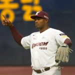 Former Major League Baseball outfielder Yasiel Puig of Kiwoom Heroes gestures during the opening game of the 2022 regular season for the Korea Baseball Organization between Lotte Giants and Kiwoom Heroes at Gocheok Sky Dome in Seoul, South Korea, Saturday, April 2, 2022.