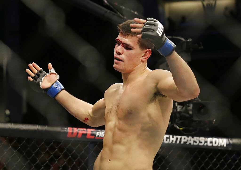 Mickey Gall reacts after beating Sage Northcutt by submission during the second round of a UFC Fight Night mixed martial arts fight in Sacramento, Calif., Saturday, Dec. 17, 2016.