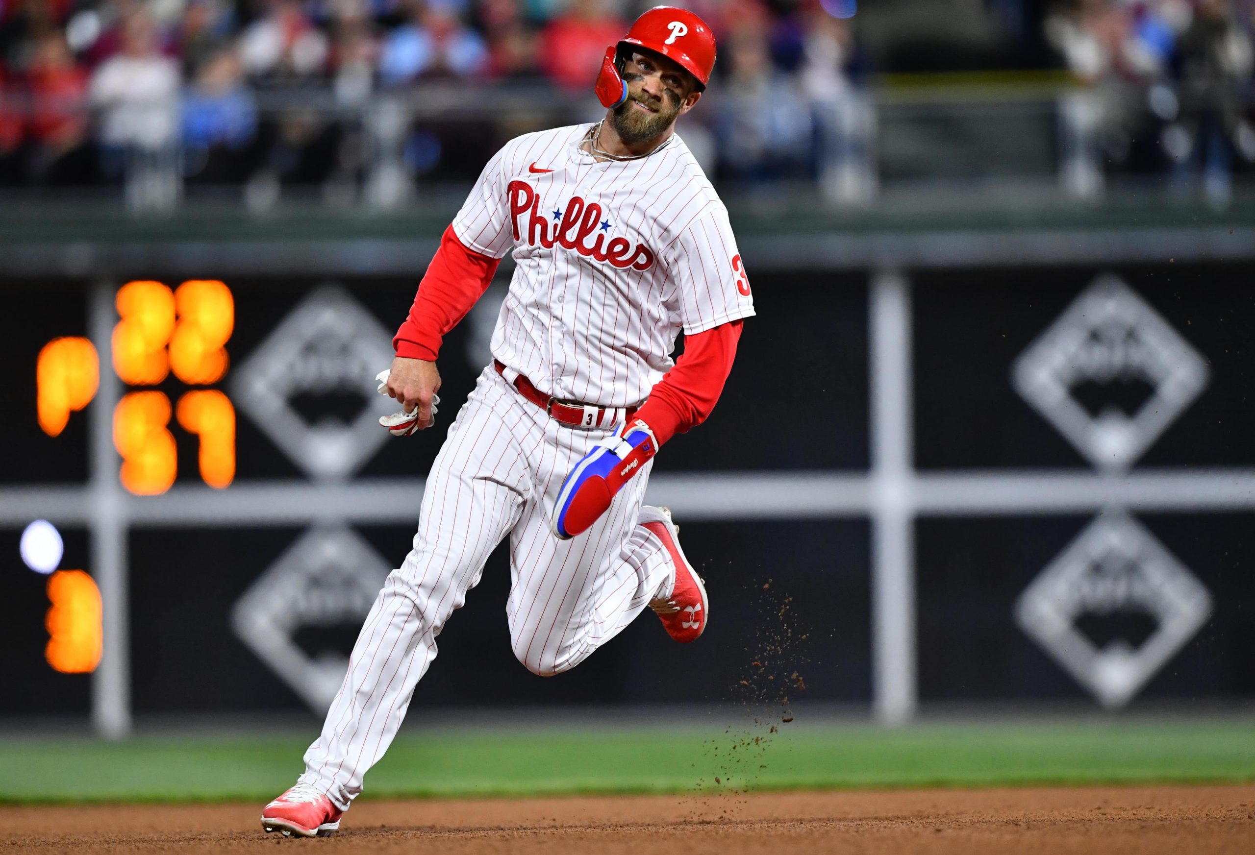 Philadelphia Phillies outfielder Bryce Harper (3) runs toward third base in the fourth inning against the New York Mets at Citizens Bank Park.