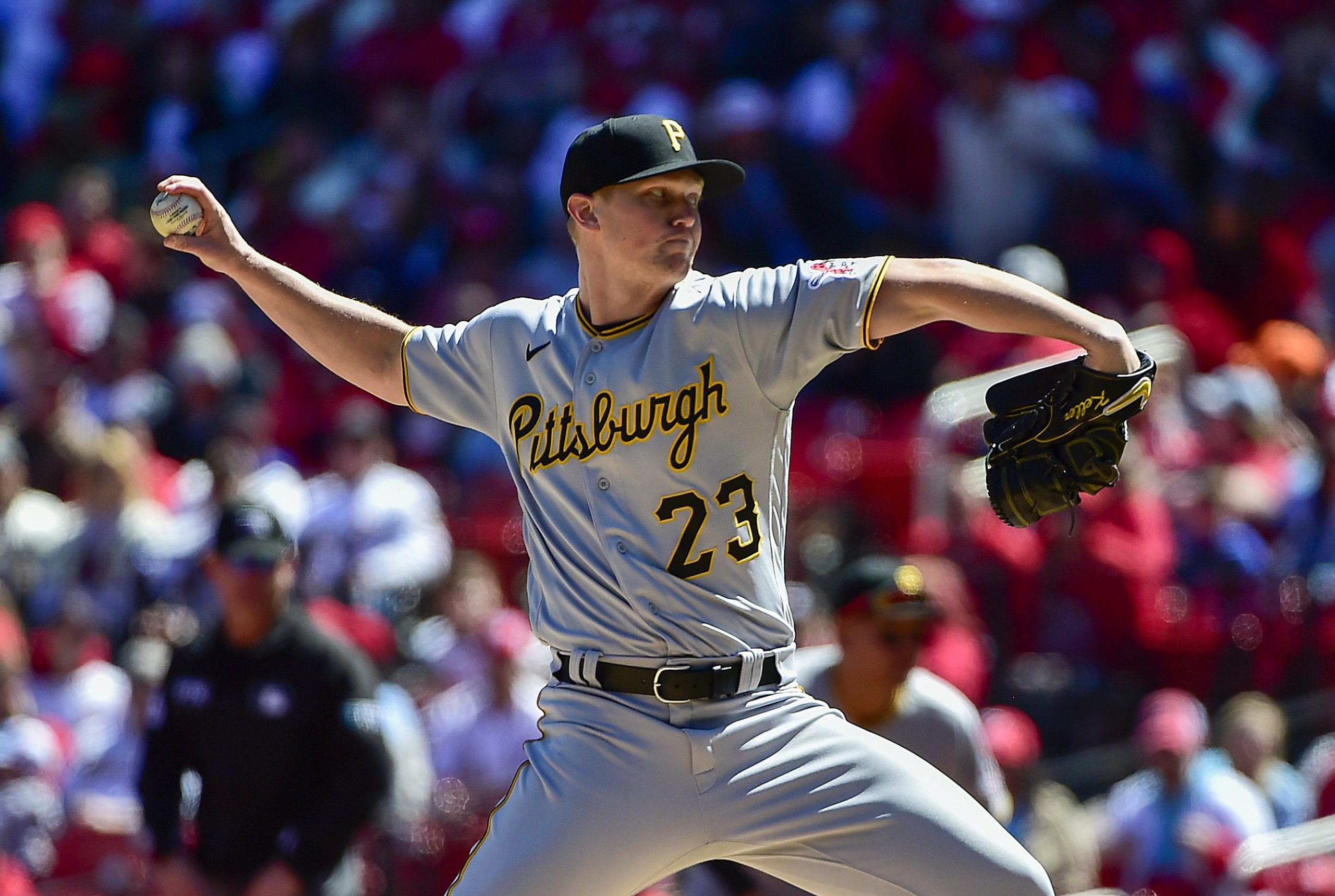 Pittsburgh Pirates starting pitcher Mitch Keller (23) pitches against the St. Louis Cardinals during the first inning at Busch Stadium.