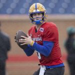 National quarterback Kenny Pickett of Pittsburgh (8) looks to throw during National practice for the 2022 Senior Bowl in Mobile, AL, USA.