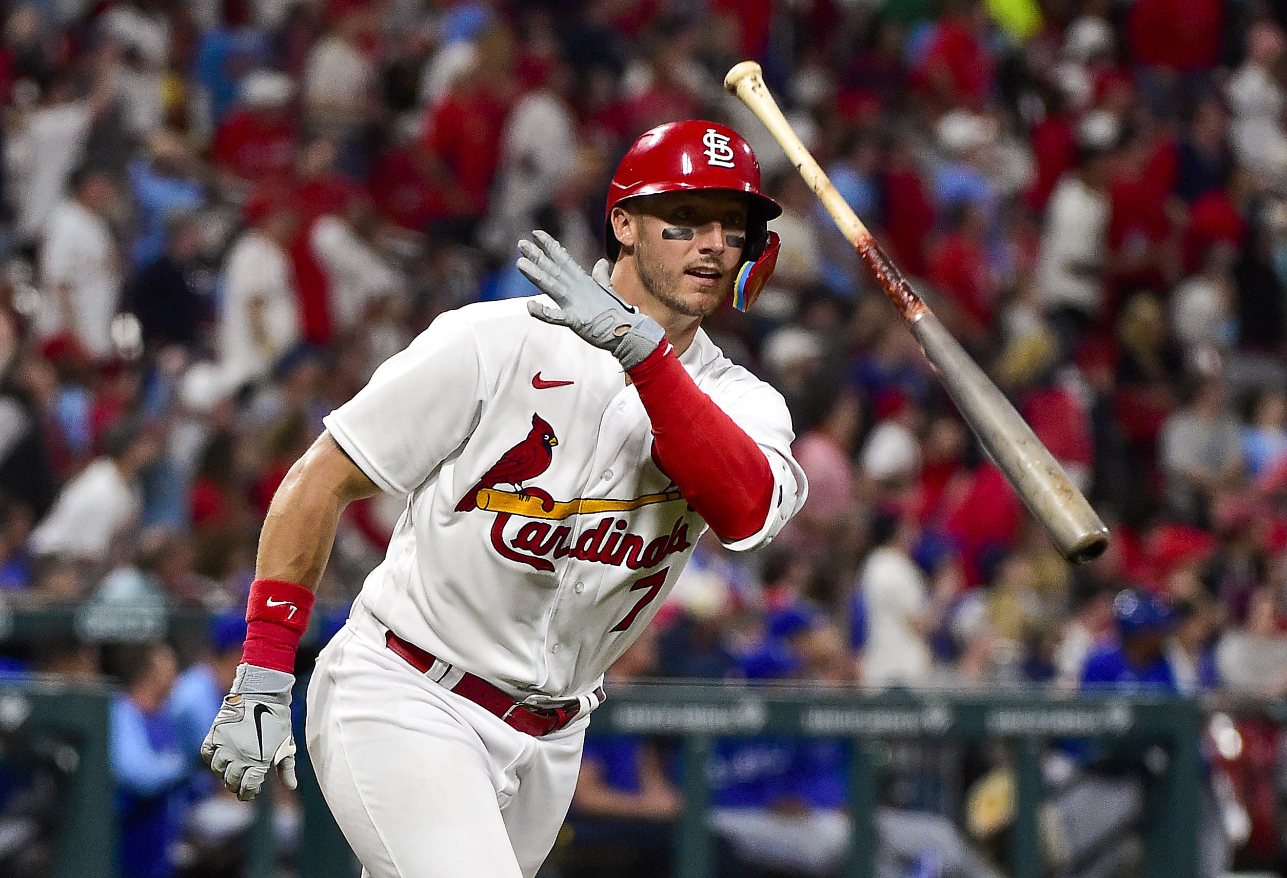 St. Louis Cardinals catcher Andrew Knizner (7) flips his bat after hitting a three run home run against the Kansas City Royals during the fourth inning at Busch Stadium.