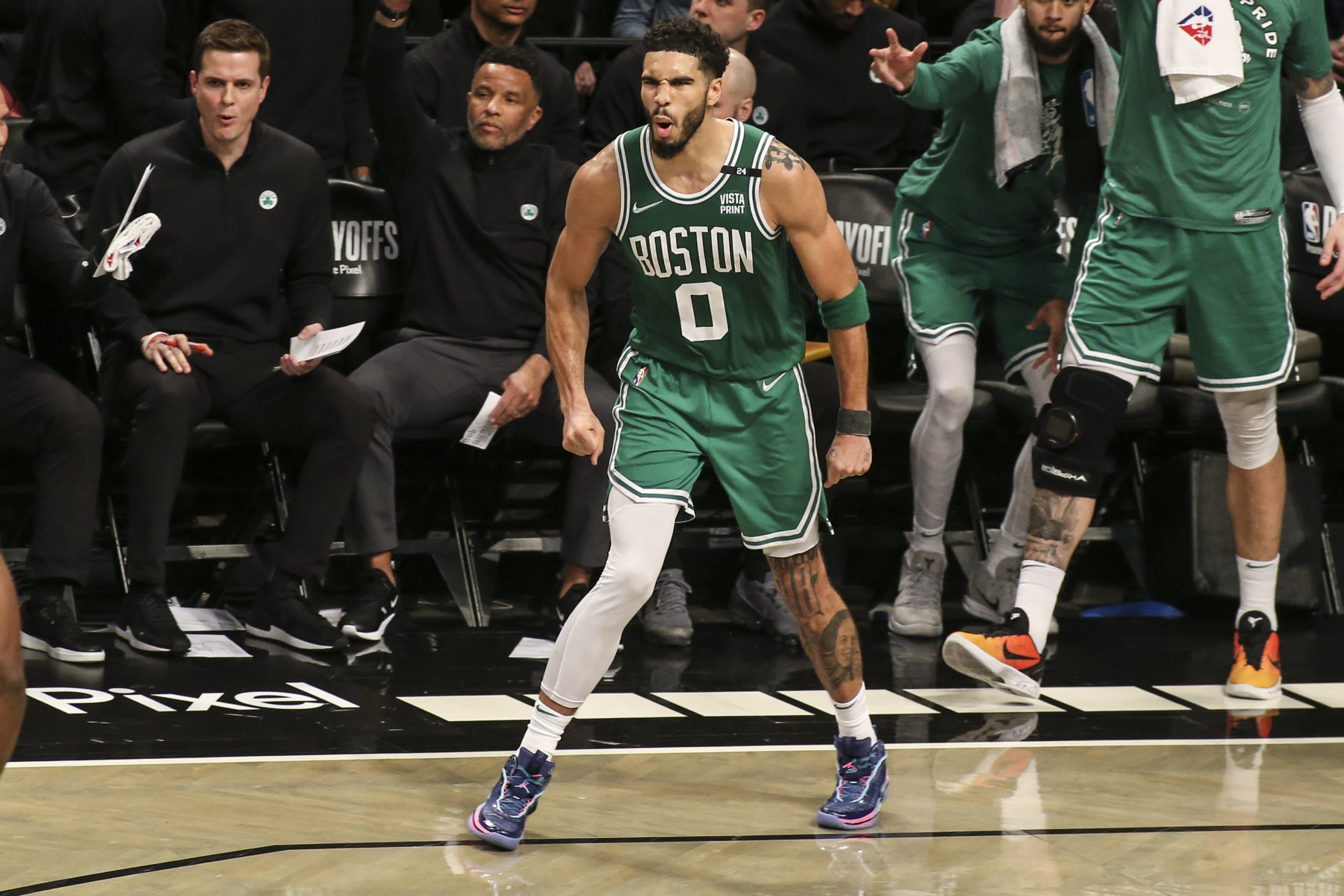 Boston Celtics forward Jayson Tatum (0) reacts after making a three point shot in the fourth quarter against the Brooklyn Nets at Barclays Center.