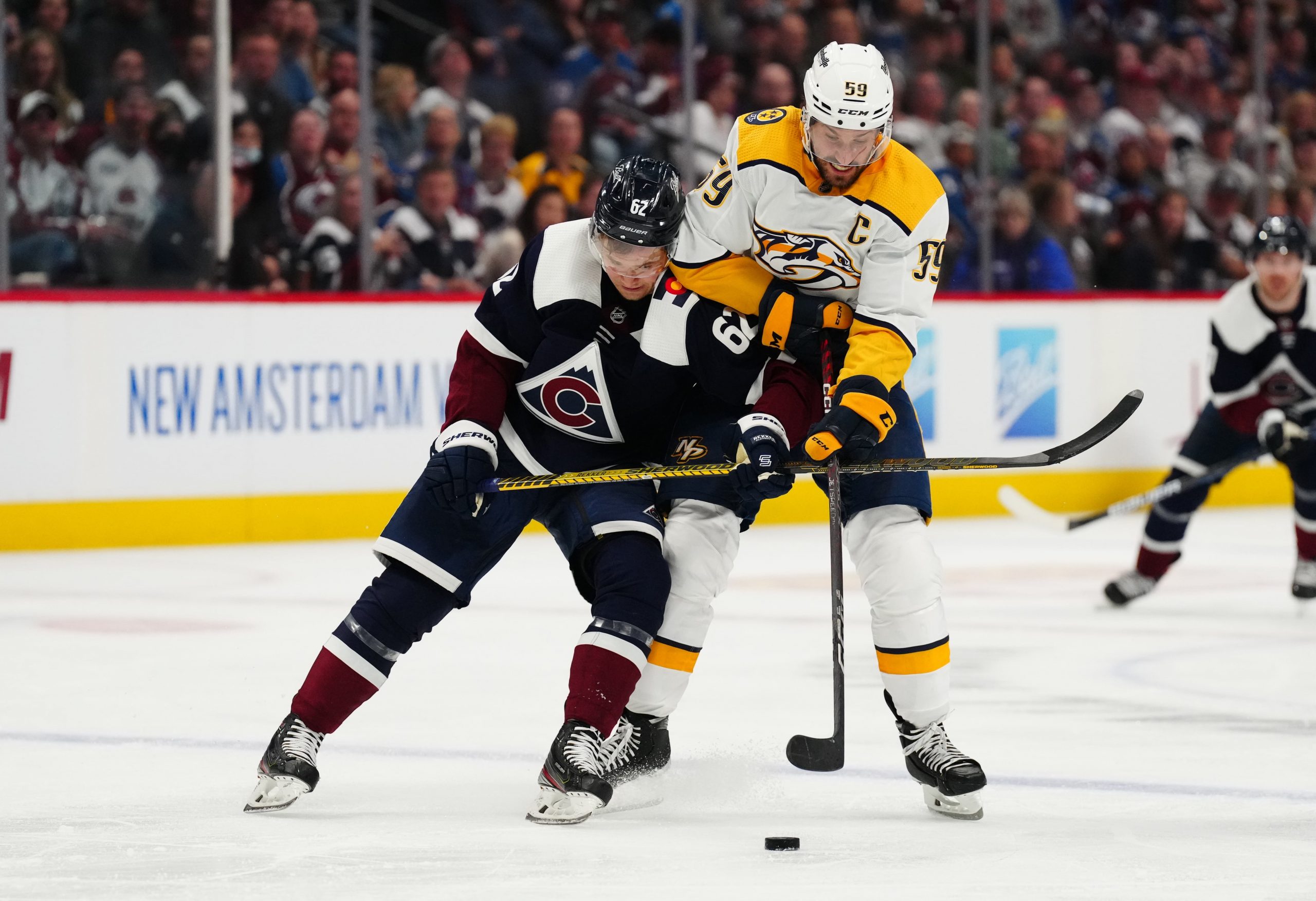 Colorado Avalanche Artturi Lehkonen and Nashville Predator Roman Josi