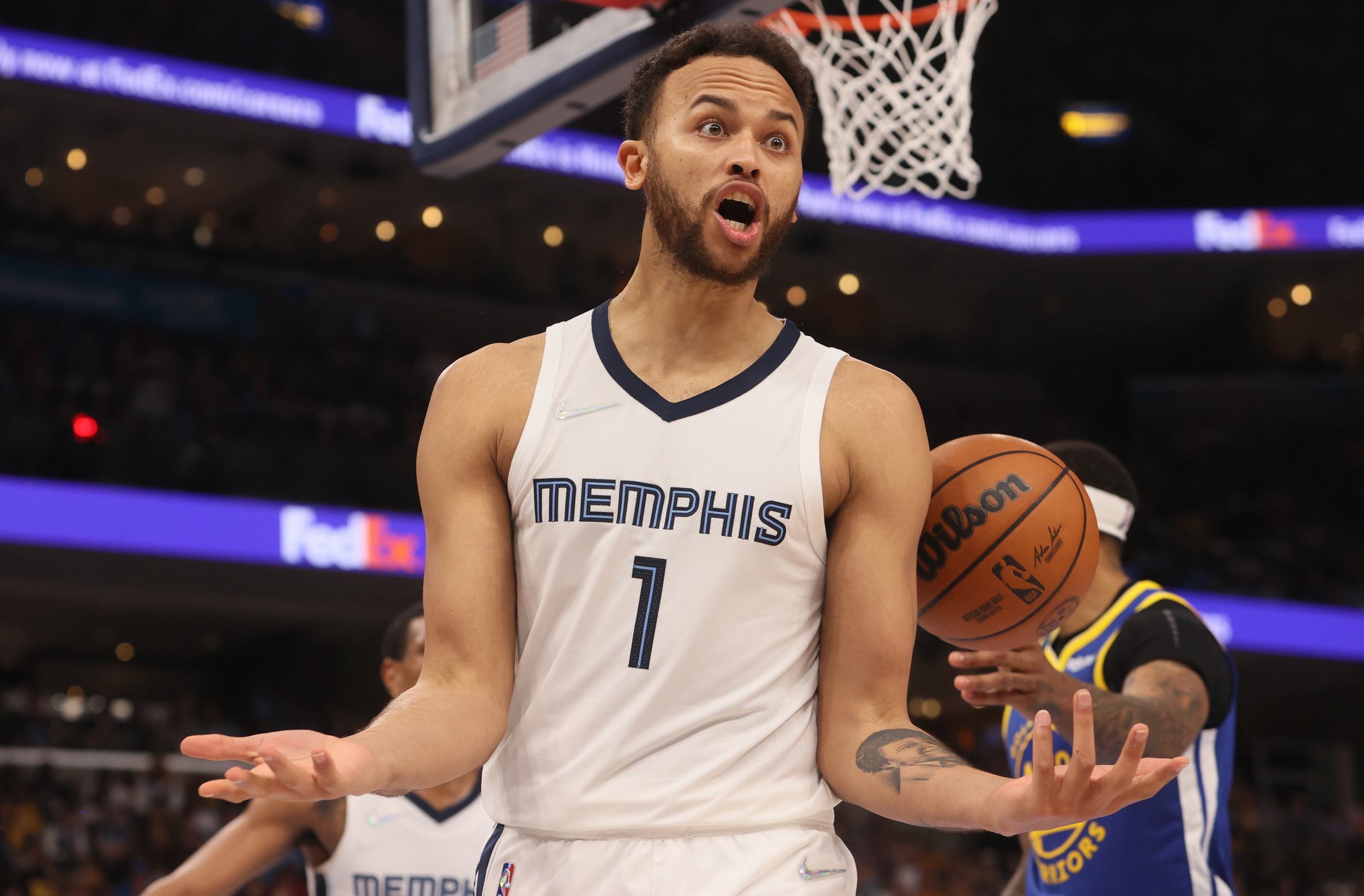 Memphis Grizzlies forward Kyle Anderson (1) looks to the referee for a call as they play the Golden State Warriors during game one of the second round for the 2022 NBA playoffs at FedExForum.