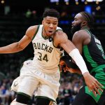 Milwaukee Bucks forward Giannis Antetokounmpo (34) drives the ball against Boston Celtics guard Jaylen Brown (7) in the second half during game one of the second round for the 2022 NBA playoffs at TD Garden.